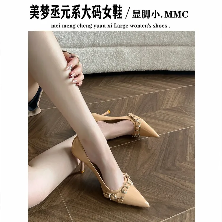 法式尖头细跟高跟鞋女通勤气质一脚蹬单鞋脚肥脚宽大码女鞋41到43