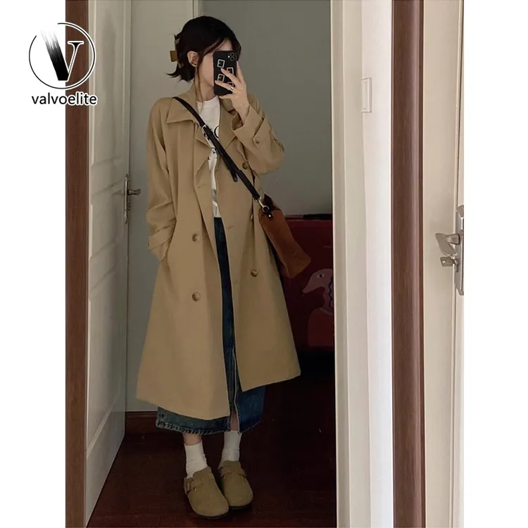VALVOELITE卡其色风衣外套女春秋新款韩版百搭中长版大衣时尚显瘦