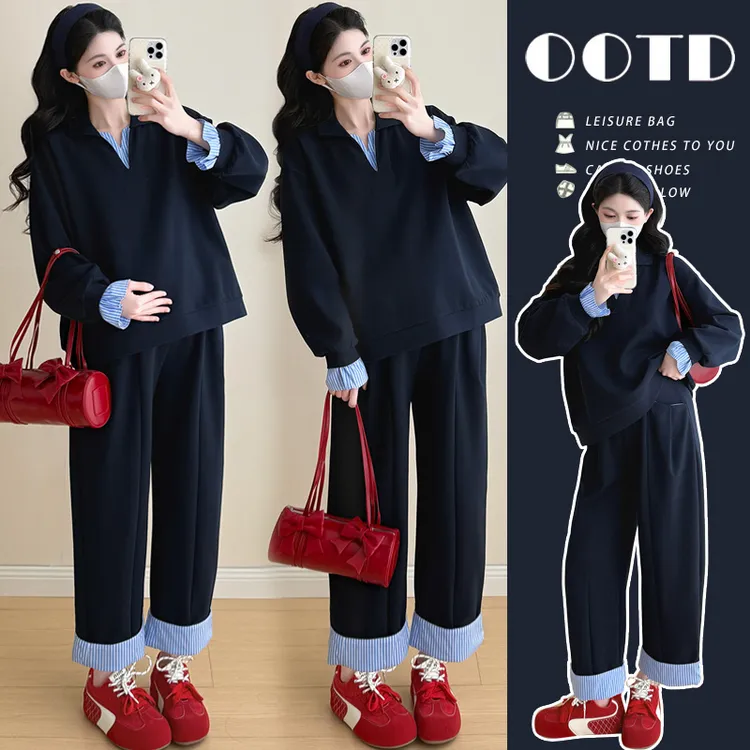孕妇装秋冬2025新款时尚设计感假两件拼接条纹宽松韩版卫衣套装