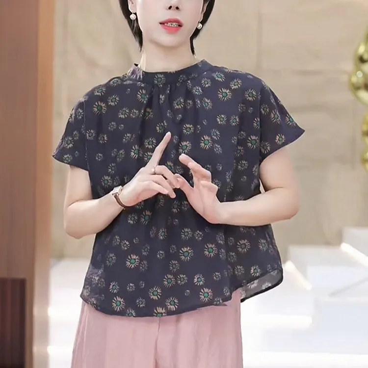 女士立领印花衬衫2025夏季新款时尚减龄显瘦碎花洋气小衫休闲上衣