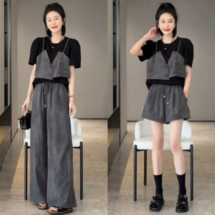 夏装穿搭一整套女2025新款假两件上衣阔腿短裤两件套时尚休闲套装