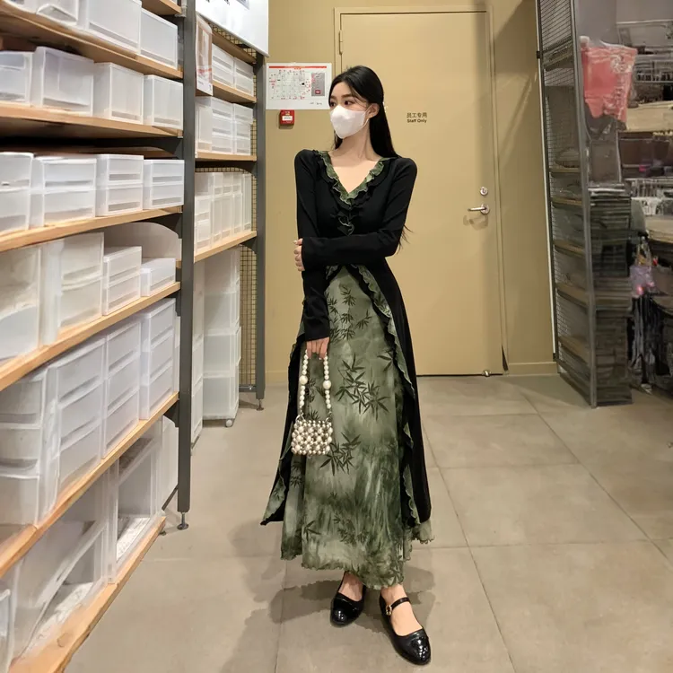 大码女装扎染设计感网纱假两件连衣裙胖mm高腰显瘦气质裙子秋冬季