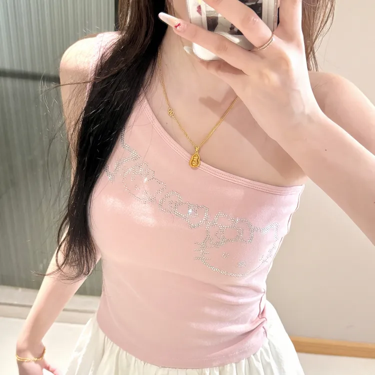 甜辣烫钻kitty猫斜肩上衣女单肩自带胸垫修身显瘦纯欲吊带背心