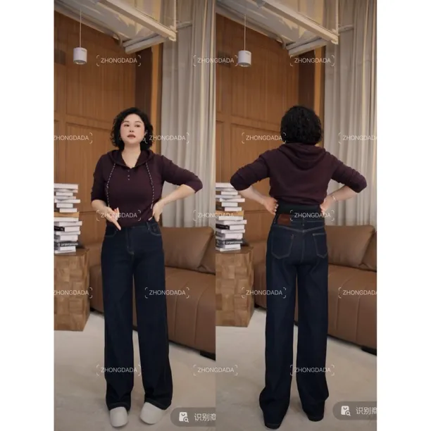ZHONG大大【】冬季新款植绒丹宁色显瘦百搭窄版直筒牛仔裤女50739