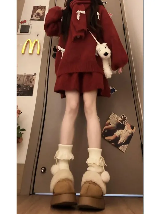韩系圣诞氛围感穿搭套装女冬季蝴蝶结毛衣高腰荷叶边a字裙两件套