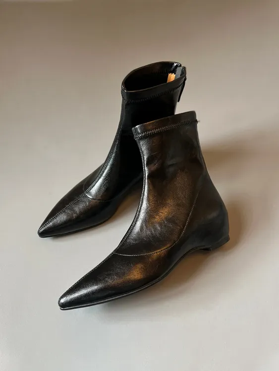 软皮版~法式通勤内增高弹力瘦瘦靴女爆款后拉链坡跟尖头小短靴女