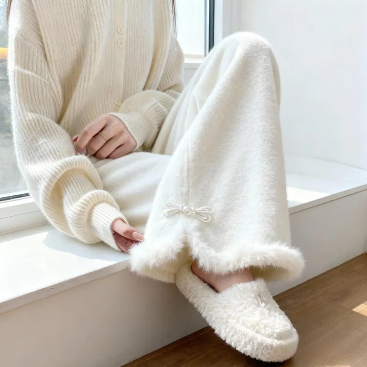 新中式高腰针织阔腿裤女冬季新款宽松显瘦白色慵懒风休闲糯米裤子