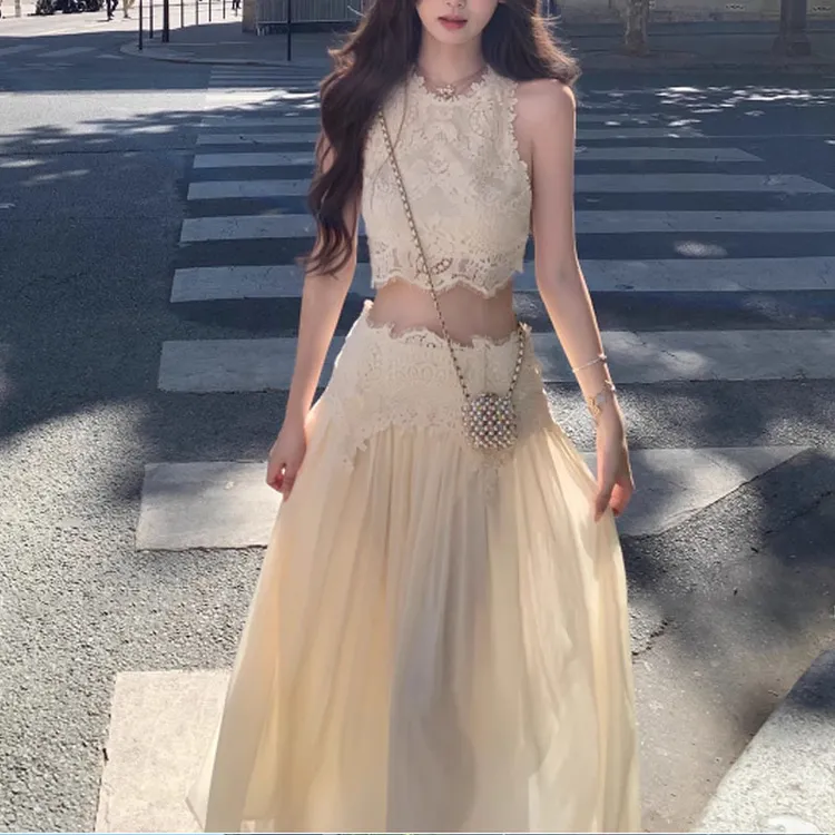 2025夏季新款卢浮幻境优雅甜美精致睫毛蕾丝上衣+长裙套装女