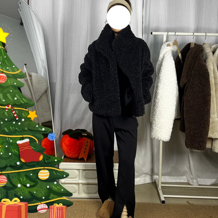高级感翻领仿澳洲羊毛短外套保暖黑色秋冬短款小香风时尚百搭