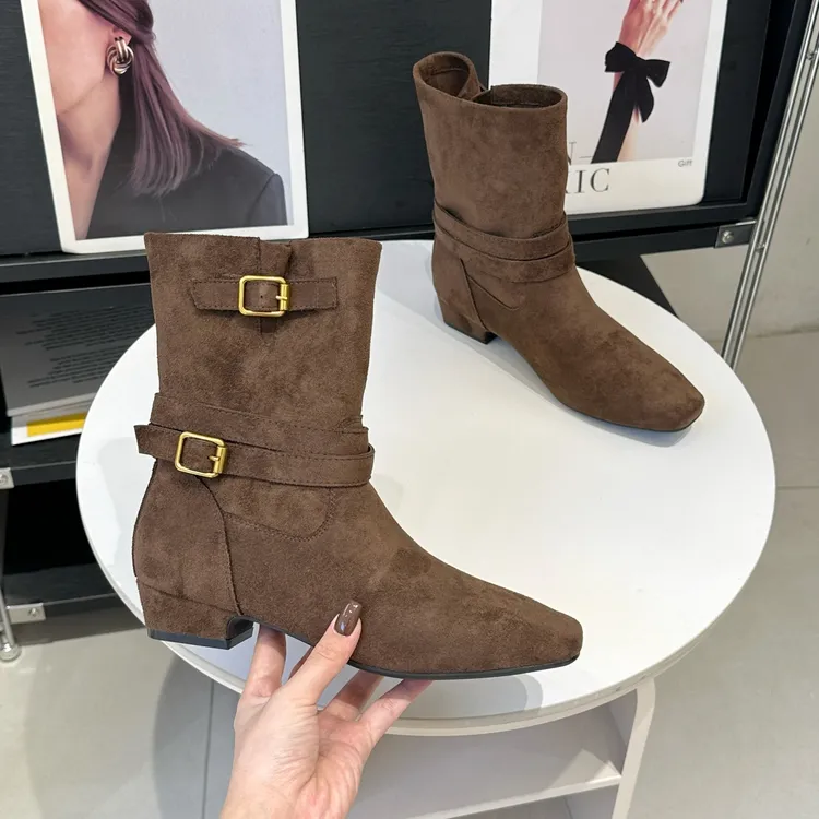 复古废土风西部靴女2025秋冬新款方头中筒靴猫跟显瘦马丁靴骑士靴