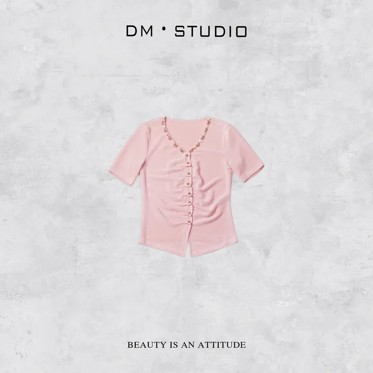 DEDM-DM•STUDIO/修身显瘦气质精致亮钻醋酸短袖上衣T恤（88395）