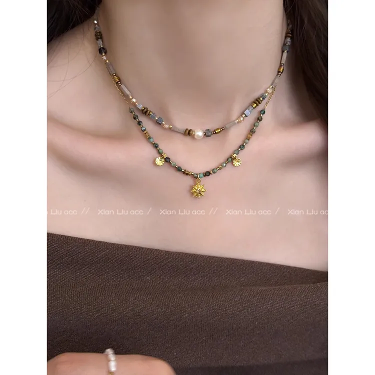 铜合金项链 太阳花串珠项链女款高级感轻奢小众叠戴配饰锁骨颈链 