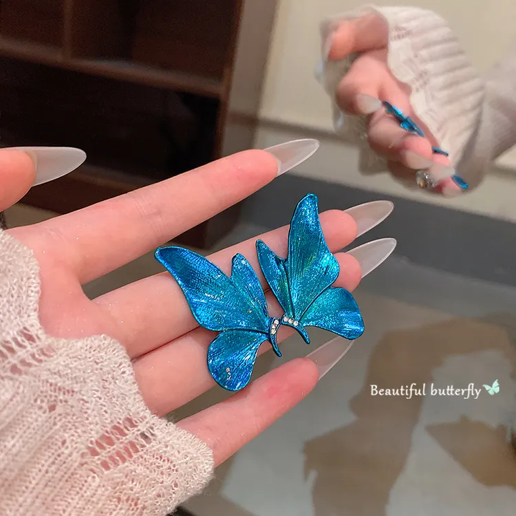 合金耳饰 「暗夜精灵」森系超仙蝴蝶闪钻耳钉女耳环渐变蓝冰耳饰品