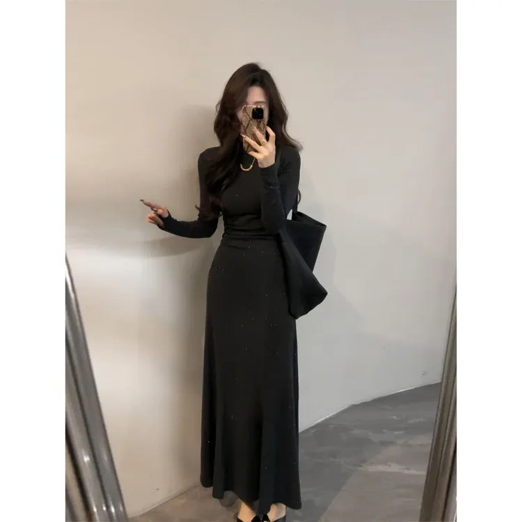 【大婷婷】法式长裙细闪点缀设计感连衣裙秋冬时尚女装裙子DT1783