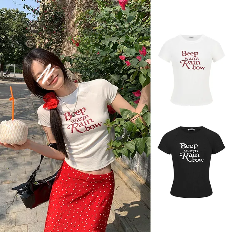Moses Queen/魔西女王白色T恤女短袖正肩字母印花设计感短款上衣