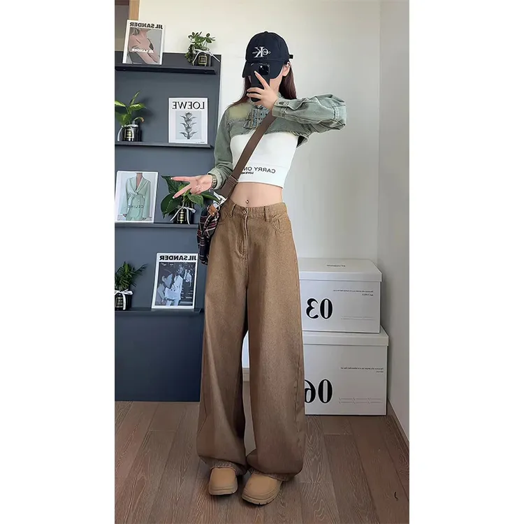 美拉德复古软牛仔裤男女秋季宽松显瘦老钱风休闲长裤阔腿直筒裤子