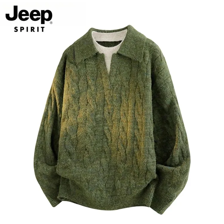 Jeep吉普假两件毛衣男士秋冬日系潮流百搭新款休闲纯色宽松针织衫
