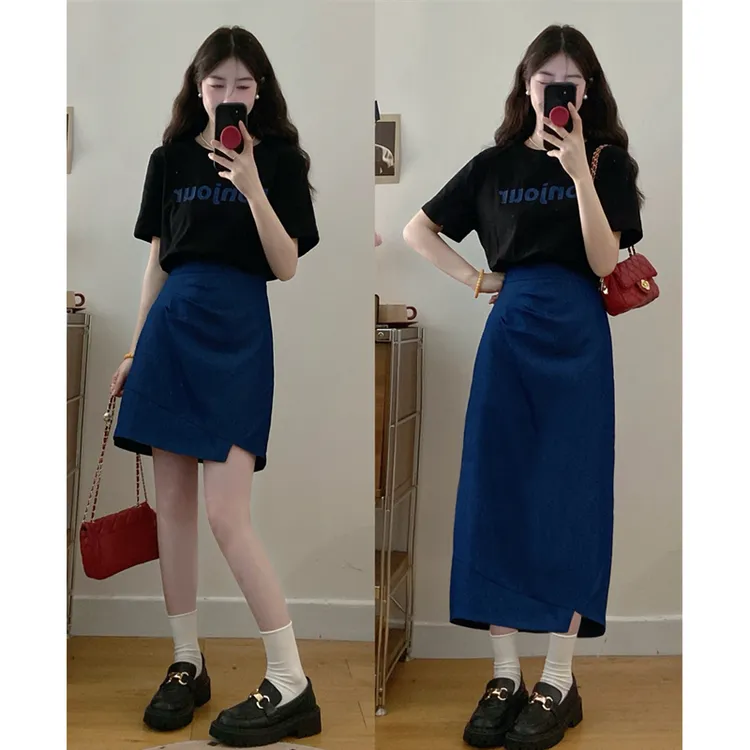 大码夏季新款胖MM假两件拼接收腰显瘦a字字母印花连衣裙洋气裙子