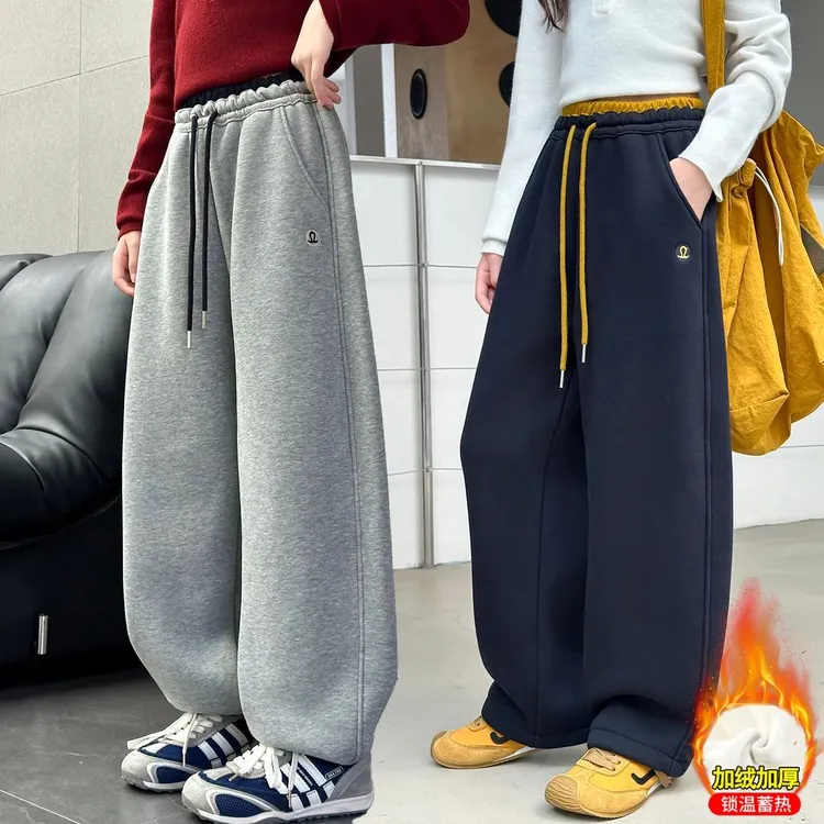 秋冬女童加绒裤子9-12岁15新款大童女孩冬装休闲束脚直筒长裤外穿