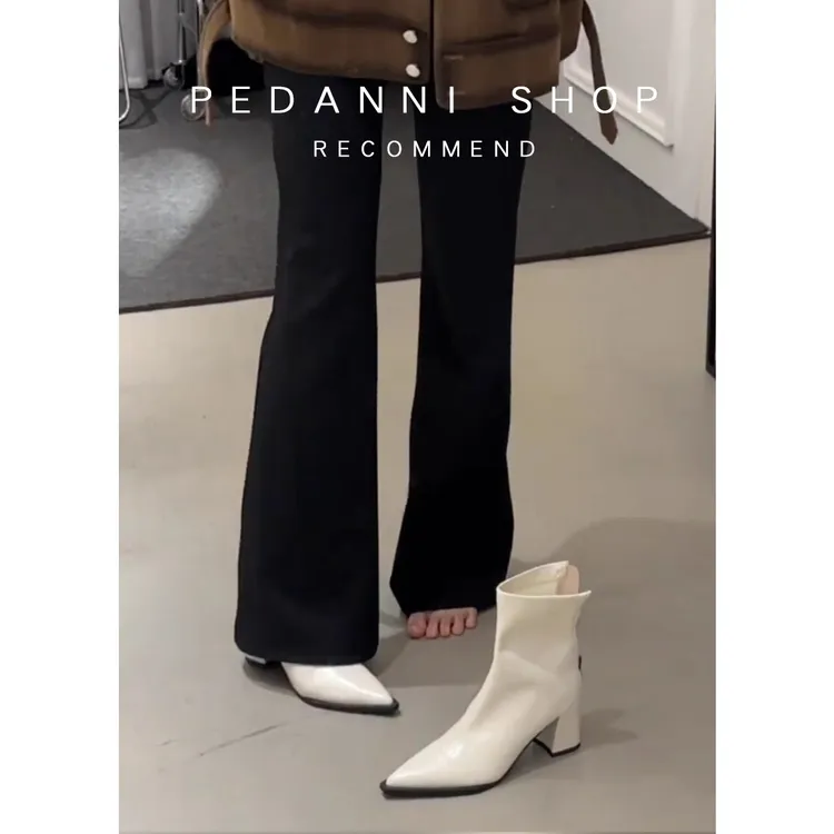 牛皮版法式粗跟尖头短靴女秋冬百搭白色高跟马丁靴子女瘦瘦靴裸靴