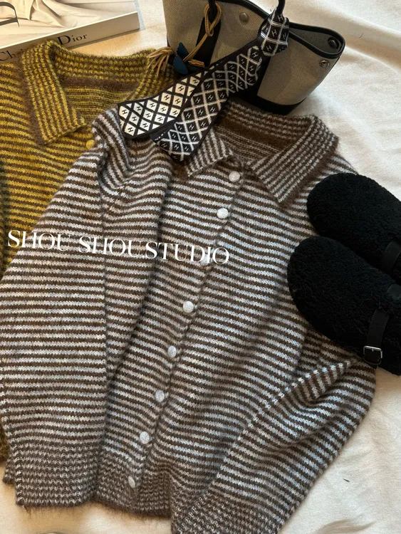 【瘦瘦】大码翻领羊毛宽松慵懒复古撞色条纹显瘦百搭开衫毛衣S02122