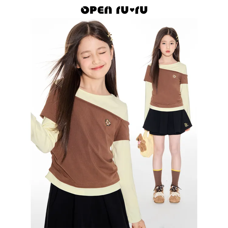 Opennunu女童撞色假两件圆领夏季长袖T恤秋季设计感亲肤短款上衣