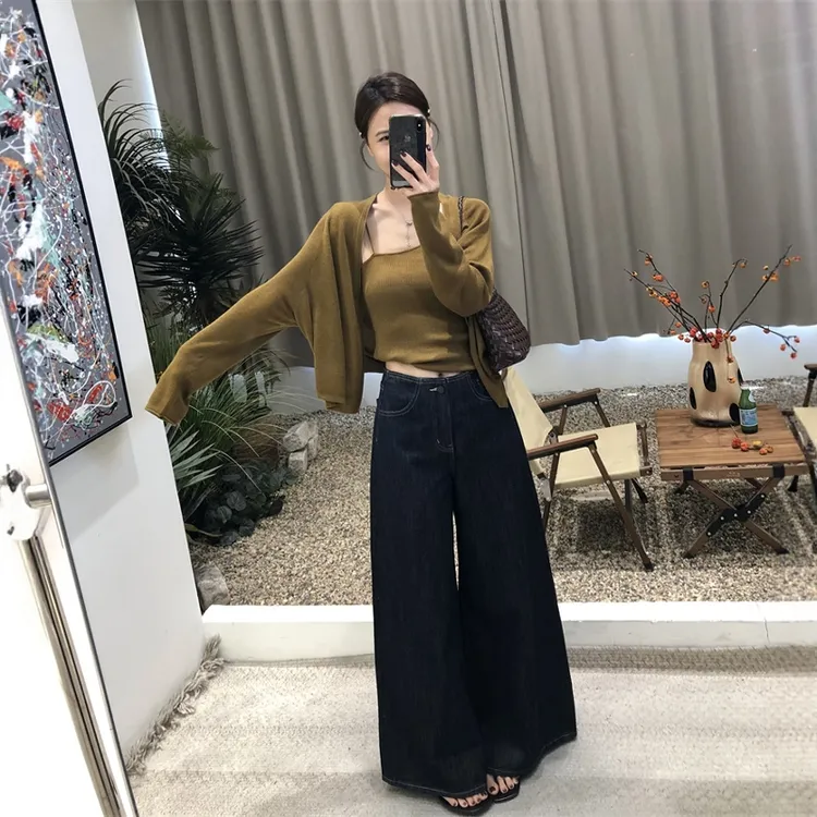 韩系吊带内搭＋坎肩长袖外套针织衫女2025早秋新款叠穿百搭两件套