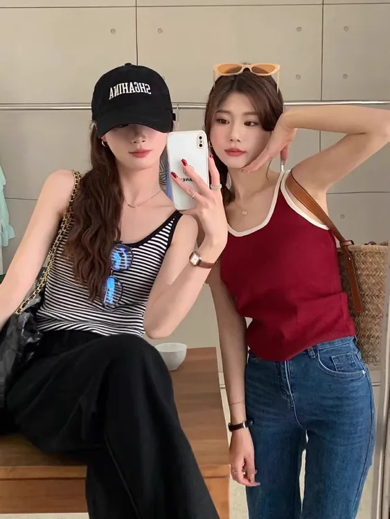 韩系复古 撞色背心带胸垫少女吊带女短款条纹美背修身显瘦 棉打底