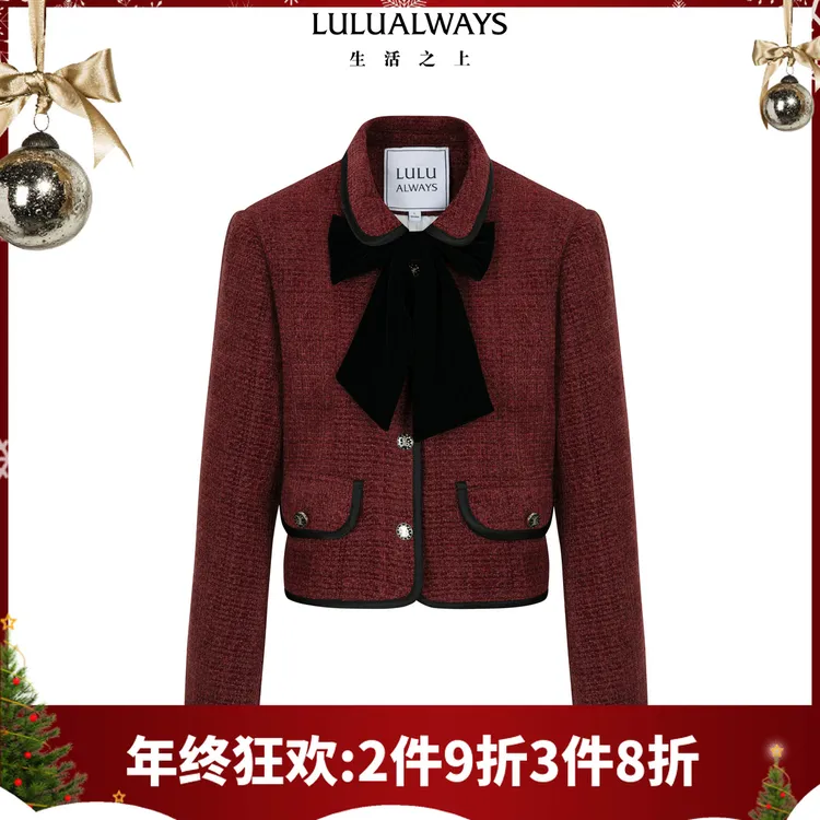 LULUALWAYS我爱露露25冬季新款气质富家千金蝴蝶结小香风加棉外套