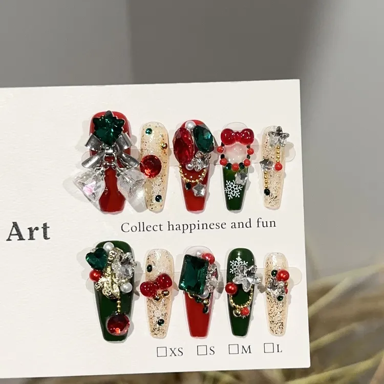 纯手工穿戴甲高档圣诞节红绿色美甲片红色铃铛重工假指甲贴片气质