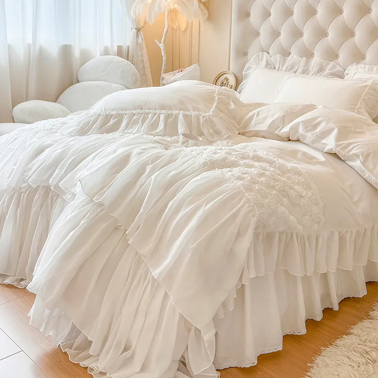 轻奢法式网红四件套纯棉公主风床裙款白色蕾丝花边全棉高级感裸睡