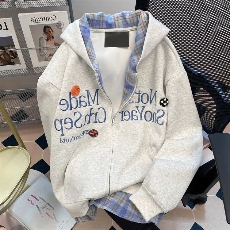 美式潮牌字母刺绣卫衣外套男女秋冬季重磅假两件格子拼接连帽开衫