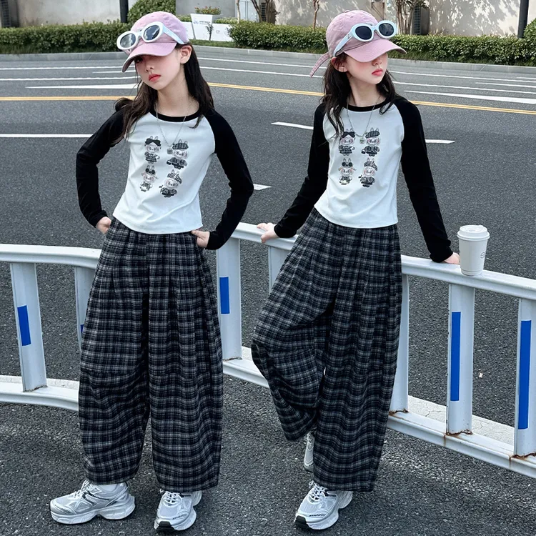 女童套装2025新款洋气时髦中大童韩系早秋款卫衣拉布布格子套装