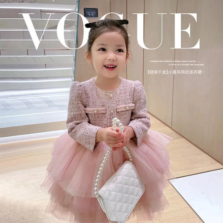 女童装小香风长袖春秋连衣裙洋气2025新款儿童网纱蓬蓬公主裙子潮