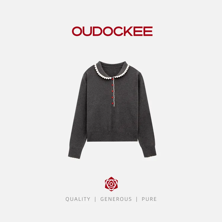 OUDOCKEE 鸥鸥【小红扣】韩系学院风蕾丝花边翻领上衣 MACAF949T
