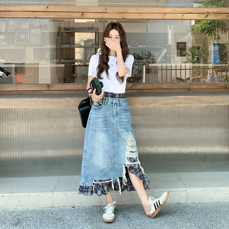 夏季ootd穿搭一整套女2025新款短袖上衣格子拼接牛仔半身裙两件套
