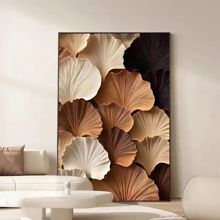 新款轻奢客厅装饰画银杏餐厅叶子奶油风壁画落地油画画玄关挂画