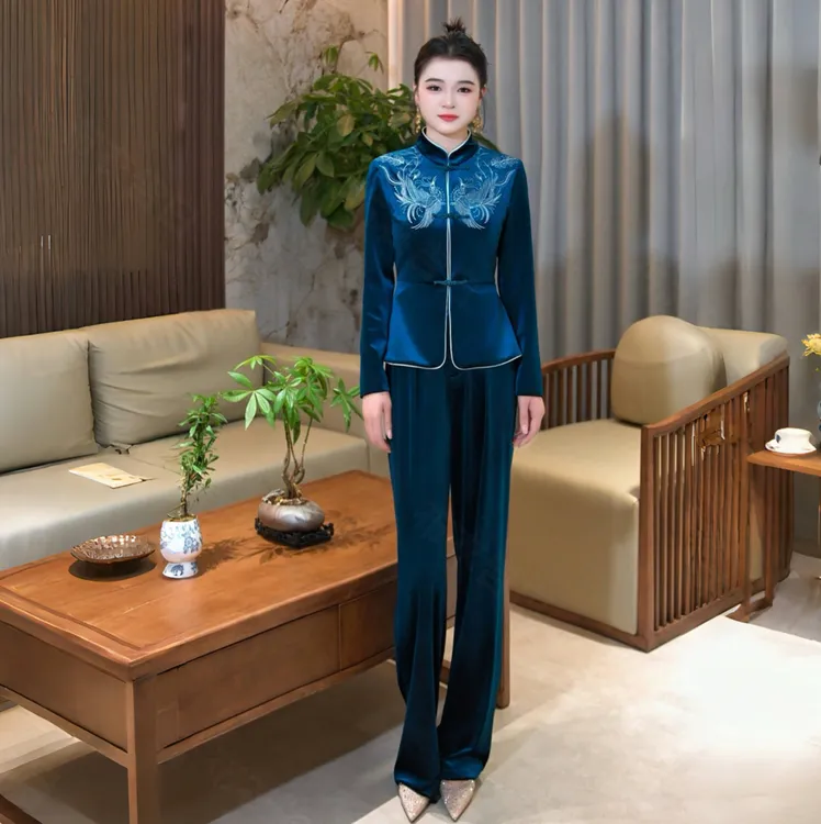 BYGB【茵蓝点凤】2025秋季新款圆领凤凰刺绣气质显瘦中式套装2918