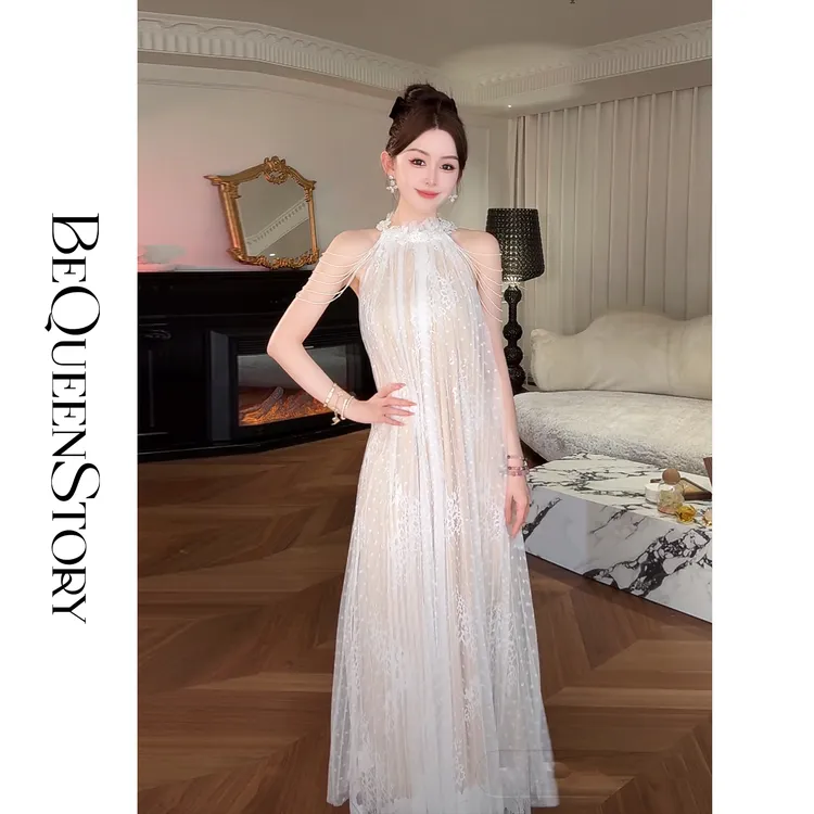 余潇潇【仙境维纳斯】压褶波点网纱宽松挂脖连衣裙轻礼服