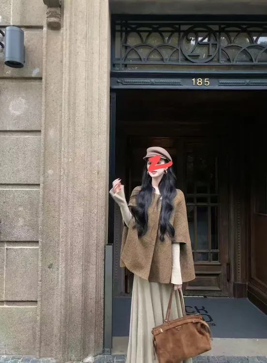 大码法式复古设计感斗篷外套长袖连衣裙