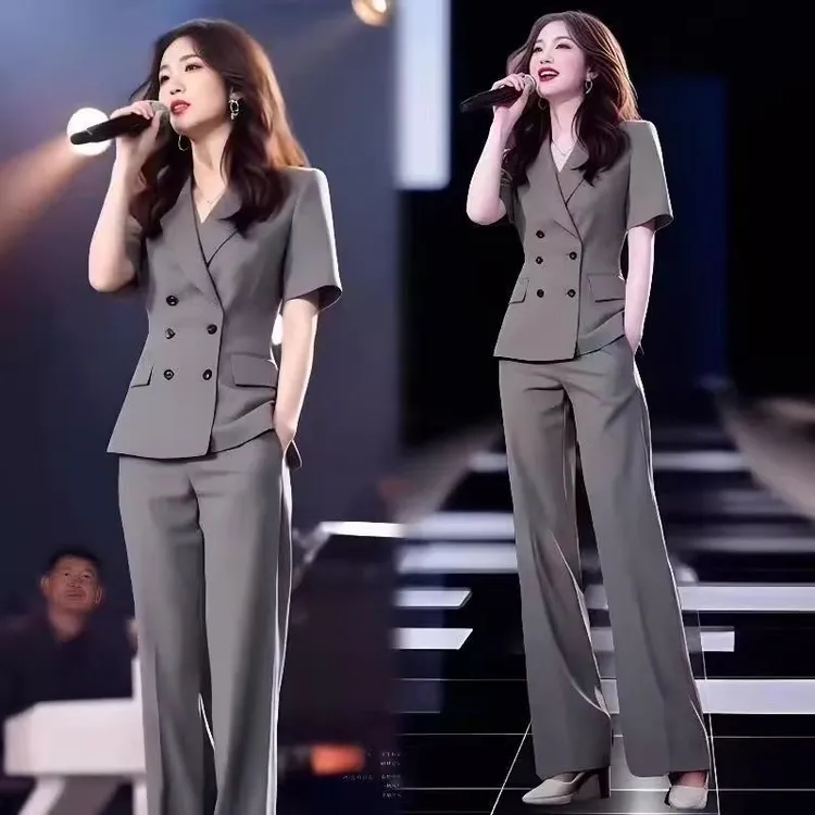 拉夏贝尔时尚西装套装女夏季新款洋气西装上衣阔腿裤职业两件套潮