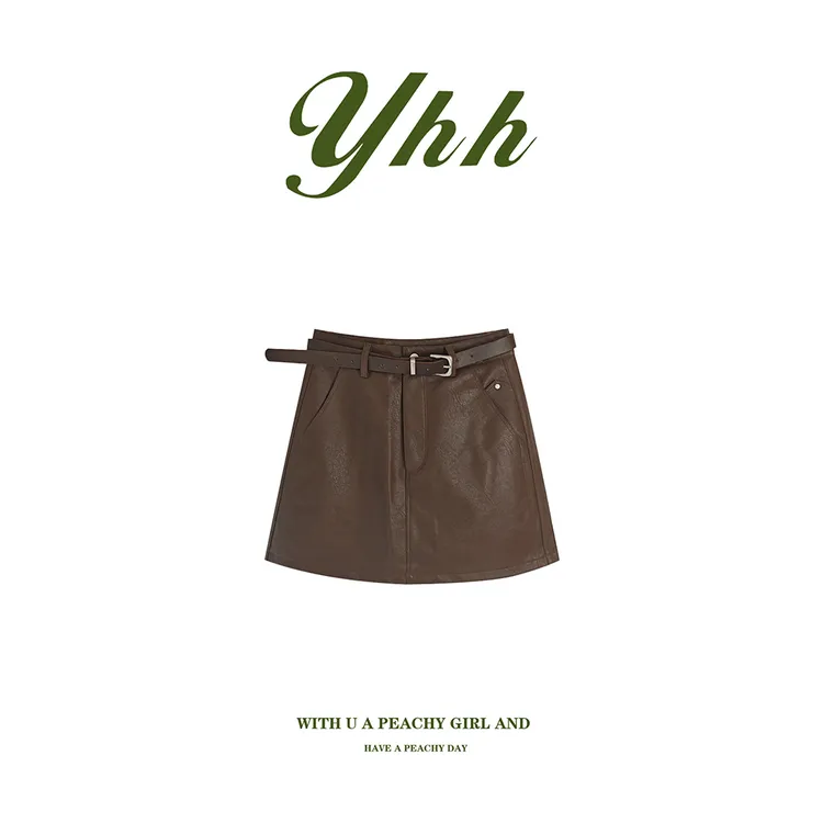 【余欢欢】秋季休闲时尚带安全内衬带皮带半身小皮裙-YHQ50151