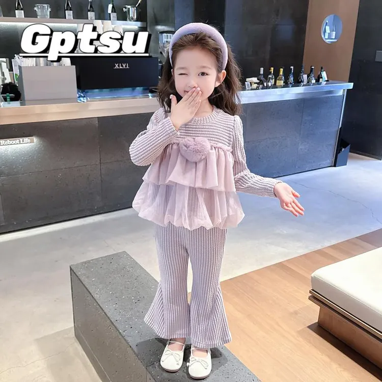 GPTSu女童紫色喇叭裤套装春秋款2025新款儿童洋气时髦女宝宝秋装