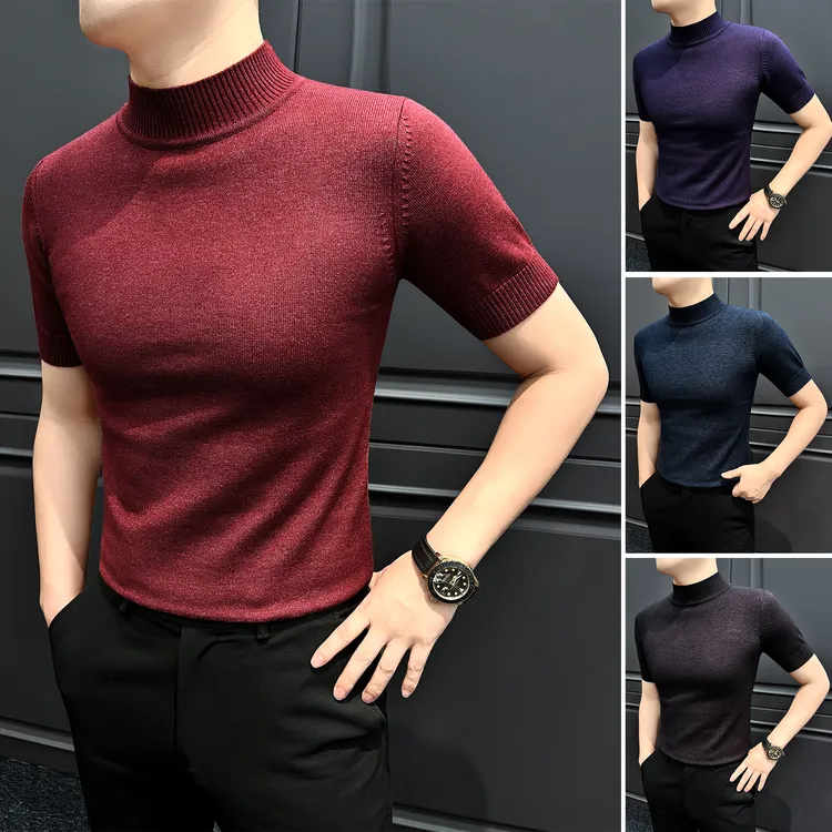 莫代尔半高领短袖打底衫男款2025新款不起球毛衣秋季男士弹力T恤
