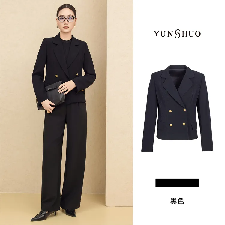 允硕新品时尚百搭气质休闲V领正肩黑色修身西装女上衣外套455465