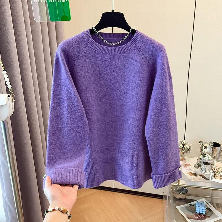 秋冬季新品纯色保暖圆领套头针织衫女大码毛衣宽松胖妹妹法式上衣