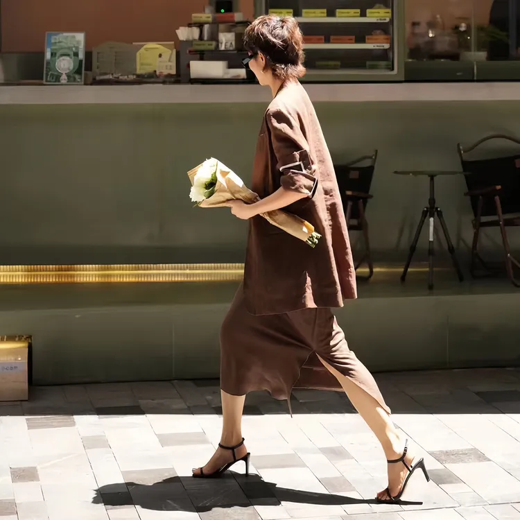 ZEROYK老钱风时尚亚麻套装女高级感时尚宽松西服半身裙休闲两件套