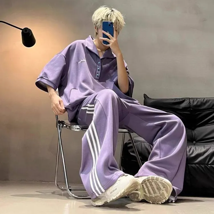 乌梅紫色冰丝短袖polo衫男生夏季穿搭一整套装多巴胺休闲运动裤子