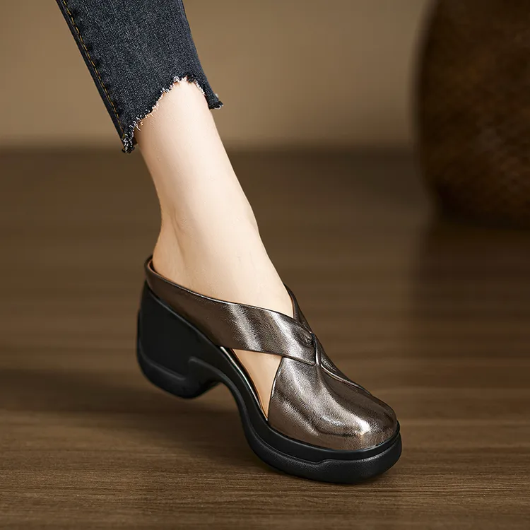 小个子增高8cm~厚底拖鞋女夏外穿包头镂空穆勒鞋2025新款真皮半拖