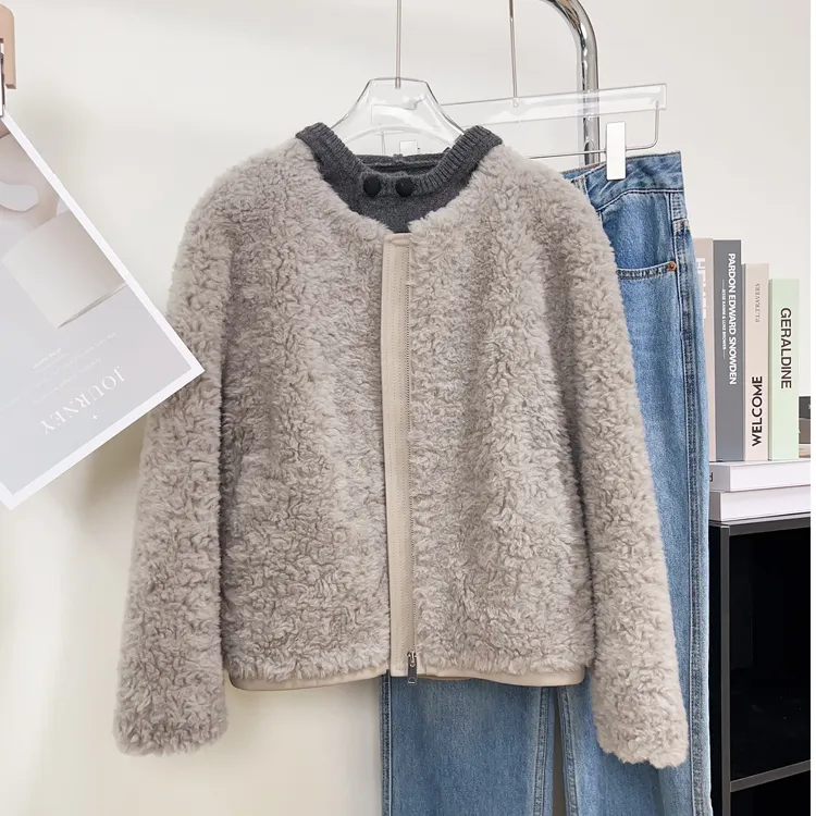 Y11绵羊毛100%羊剪绒外套圆领颗粒绒短款上衣2025冬季款